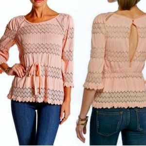 Free People Fire Island Crochet Top Medium Keyhole Open Back Coral Peach